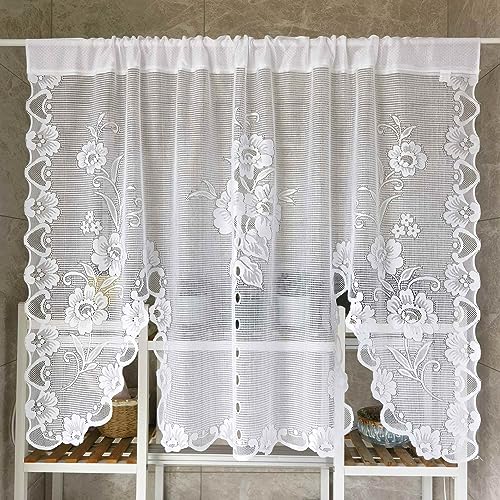 1 Panel White Floral Embroidery Tie-up Sheer Lace Curtain Valance - color: White, size: 39"W x 39"L (Pack of 1)