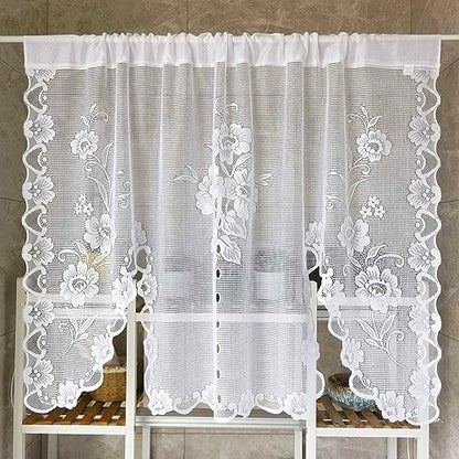 1 Panel White Floral Embroidery Tie-up Sheer Lace Curtain Valance - color: White, size: 39"W x 39"L (Pack of 1)