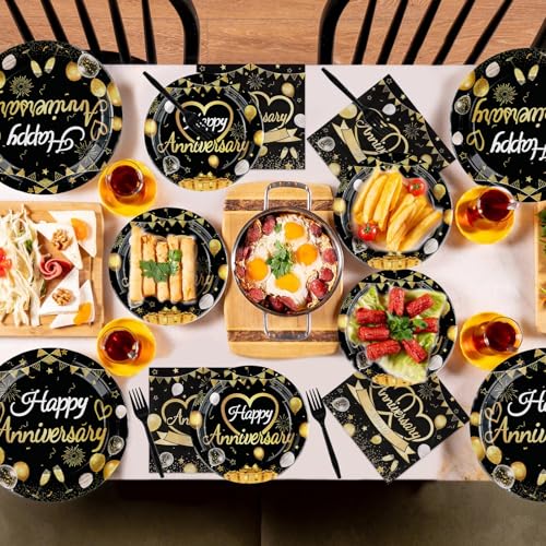 Greencian 96 Pcs Black and Gold Anniversary Party Decorations，Serves 24 - style: Happy Anniversary Kit