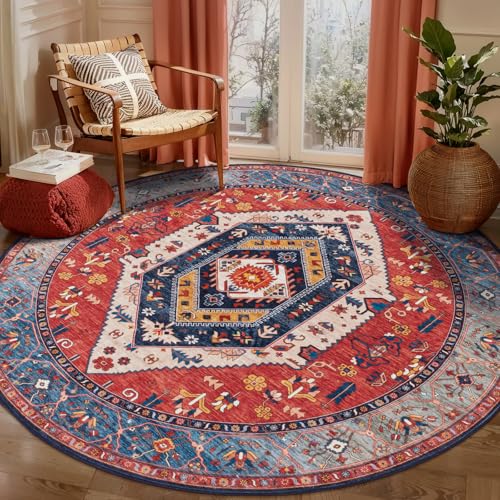 SERISSA 5ft Washable Non Slip Round Round Boho Area Rug for Bedroom，Rust - color: Rust/Multi, size: 5' (Round)