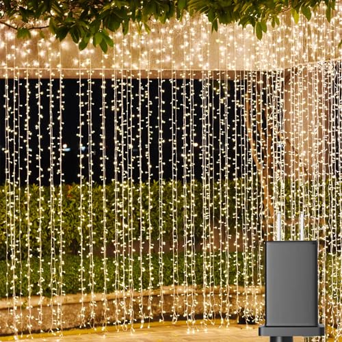 Solhice LED Curtain Lights Outdoor 12ft x10ft, 360 LED Plug in Hanging String Lights Indoor Bedroom, Twinkle Light Backdrop for Outside Wedding Decor, Warm White (Not Connectable) - color: Warm White, size: 12ft x 10ft