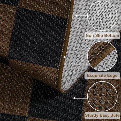 Rugalia Easy Jute Checkered Runner Rug, 2.6x8 Coffee Modern Washable Rugs Runner for Hallway Non-Slip Kitchen Runner Rug, Neutral Checkerboard Indoor Outdoor Carpet for Porch Laundry Entryway - color: Coffee Checkered, size: 2.6' x 8' (Runner)