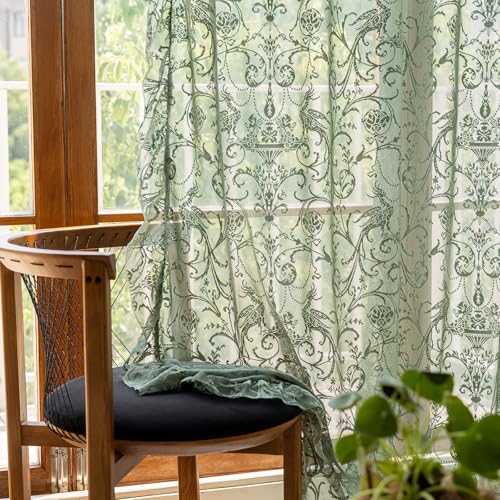 TUDECO Green Lace Curtains 96 Inch Long, Embroidered Floral Sheer 2 Panels - color: Olive Green, size: 59"W x 96"L (Pack of 2)