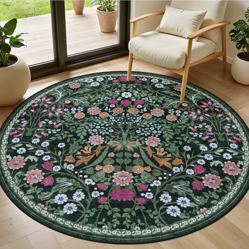PLHXFR Round Area Rug Living Room: 4 ft Floral Washable Carpet Dark Green - color: Dark Green, size: 4' (Round)