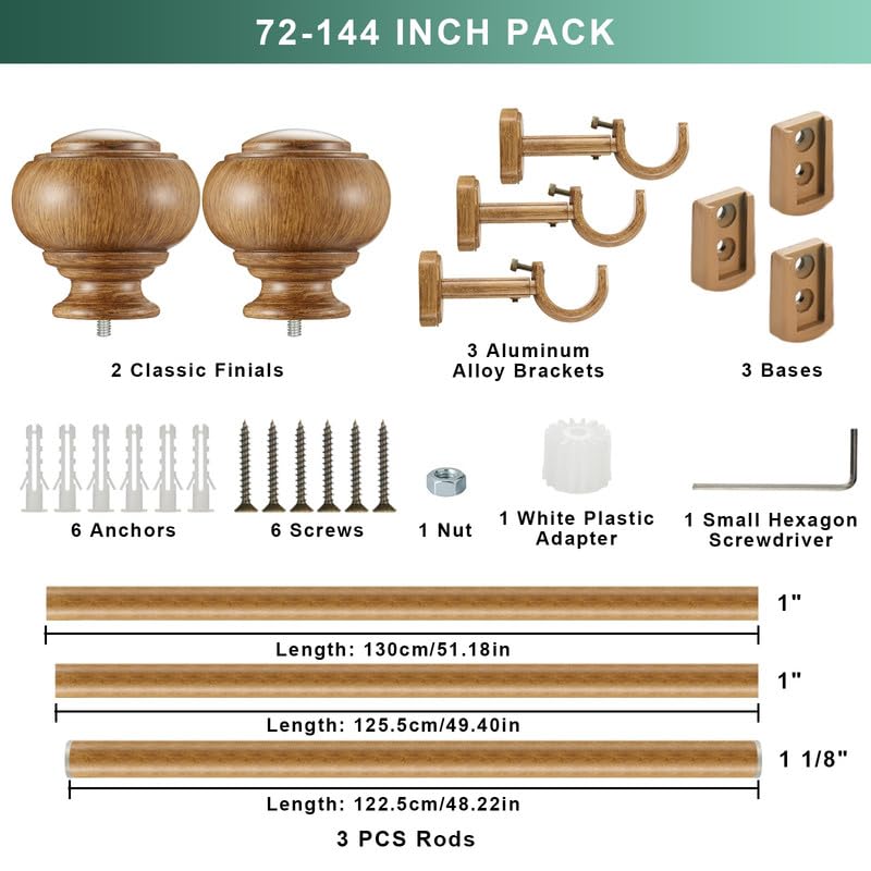 Wood Curtain Rods for Window 72-144 Inch(6-12ft), Heavy Duty Curtain Rod, 1 1/8" Diameter Boho Drapery Rods with Imitation Wood Grain Finials and Adjustable Brackets - color: Brown Wood Grain, size: 72-144"