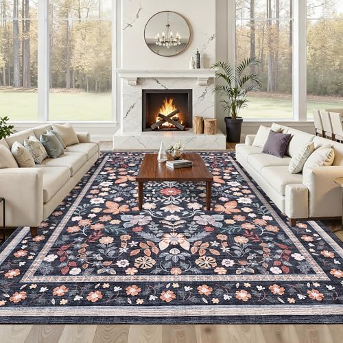 GarveeHome Area Rugs 9x12 Living Room Floral Machine Washable Black - color: Black, size: 9' x 12' (Rectangular)