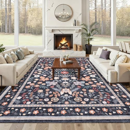 GarveeHome Area Rugs 9x12 Living Room Floral Machine Washable Black - color: Black, size: 9' x 12' (Rectangular)