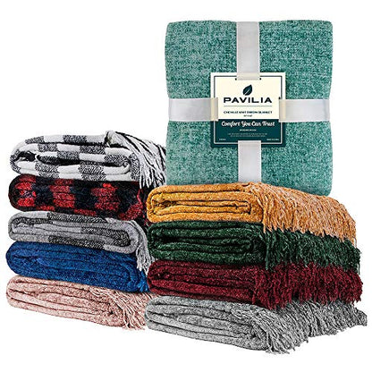PAVILIA Chenille Throw Blanket, Knit Twin Size Tassel Throw, Blue 60x80 - color: Blue, size: 60 X 80 Inches - Twin