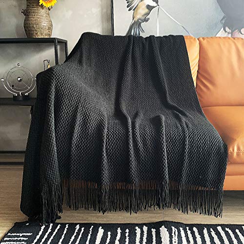 LOMAO Knitted Throw Blanket with Tassels Bubble Textured Lightweight Throws for Couch Cover Home Decor (Black, 60x90) - color: Black, size: 60x90"