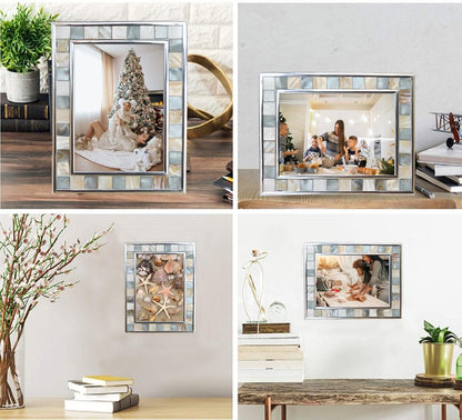 Mother of Pearl Picture Frame 6x8, Grey + White, 1Pc | Silver Plate Wall or Tabletop Frame, Wedding Photo Frame, Mosaic Glass Beach Frame, Holiday Gift - color: Grey, size: 6x8 Inch