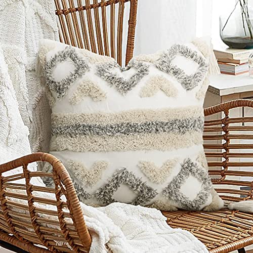 Merrycolor Boho Throw Pillow Covers 18x18 with Tassels White and Grey Decorative Throw Pillows Woven Tufted Pillowcase Modern Accent Bohemian Square Cushion Covers for Couch Sofa Bedroom Living Room - color: Grey and White 2, size: 18" x 18" (Pack of 1)