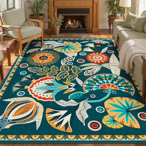 Joydeco Egypt Floral Washable Large Living Room Bedroom Rug 8x10 Under Bed - color: Dark Green, size: 8' x 10' (Rectangular)