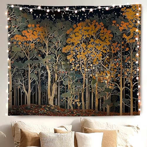 MKYFHSVGD Fantasy Night Forest Tapestry Wall Hanging, Vintage Enchanted Forest Rustic Floral Botanical Wall Tapestry for Home Bedroom Living Room Office Decorations, 50x60 Inch - color: Night Forest
