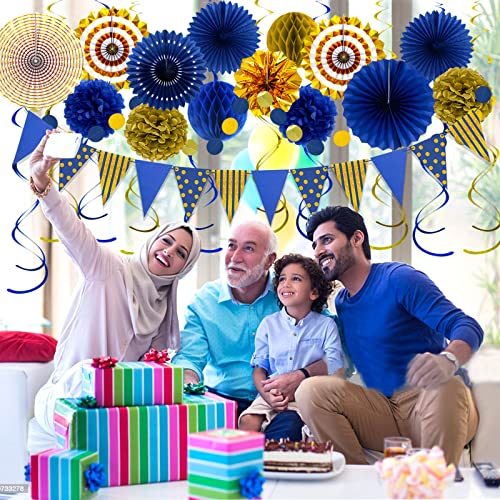 24 Pcs Blue Gold Party Decorations, Paper Fans Pom Poms Banner - color: Blue