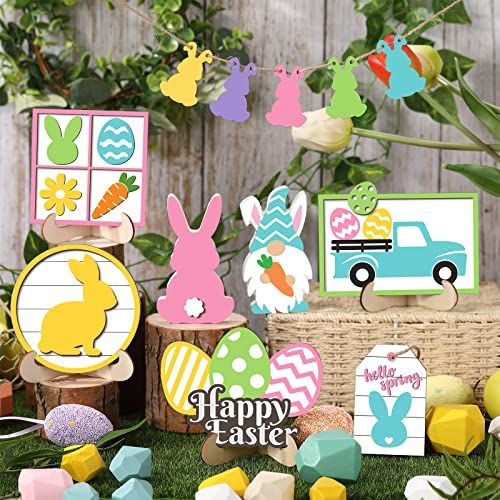 Jetec 12 Pcs Easter Tiered Tray Decoration Set - Easter Bunny Trail Carrot Table Signs Wooden Farmhouse Decoration for Spring Rustic Home Kitchen Decor - style: Bunny