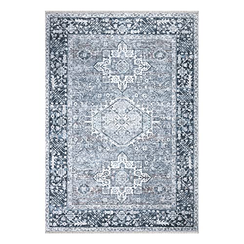 Bloom Rugs Caria Washable Non-Slip 4x6 Rug - Navy Blue Traditional Area Rug for Living Room, Bedroom, Dining Room, and Kitchen - Exact Size: 4' x 6' - color: Navy Blue, size: 4' x 6' (Rectangular)