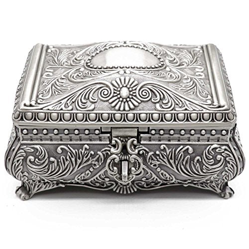 Rectangle Antique Metal Jewelry Box Trinket Storage Organizer Gift Box Chest Ring Case with Floral Engraved for Girls Ladies Women, Large - size: Large