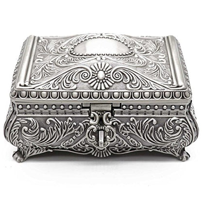 Rectangle Antique Metal Jewelry Box Trinket Storage Organizer Gift Box Chest Ring Case with Floral Engraved for Girls Ladies Women, Large - size: Large
