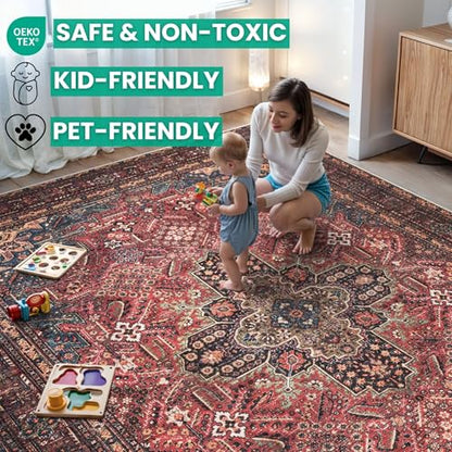 Bloom Rugs Washable Non-Slip 2' x 3' Rug - Red/Teal Blue/Yellow Traditional Medallion Area Rug for Living Room, Bedroom, Dining Room, and Kitchen - Exact Size: 2' x 3' - color: Red/Teal Blue/Yellow, size: 2' x 3' (Rectangular)