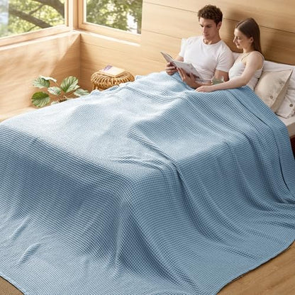 Bedsure Lightweight 100% Cotton Waffle Blanket, 120x94, Celestial Blue - color: Celestial Blue, size: Oversized King (120" X 94")