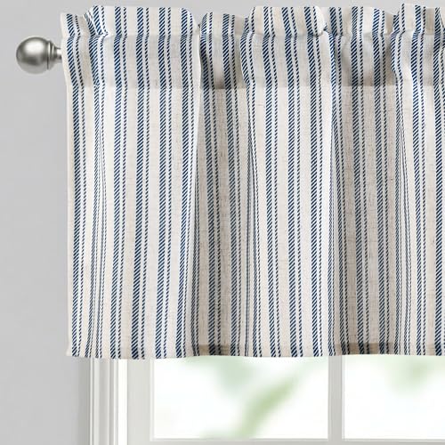 JIUZHEN 52x18 Inch Kitchen Valance - Thick Textured Linen Striped Window Valance Curtain with 3" Rod Pocket, Vertical Striped Blue (1 Panel) - color: Vertical Striped Blue, size: 52"W x 18"L (Pack of 1)