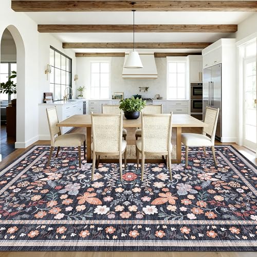GarveeHome Area Rugs 9x12 Living Room Floral Machine Washable Black - color: Black, size: 9' x 12' (Rectangular)