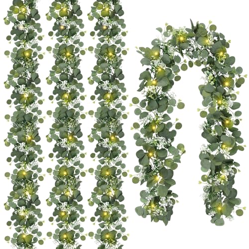 N&T NIETING 4 Pack Artificial Eucalyptus Garland with Lights, 6FT Artificial Greenery Summer Garlands, Battery Operated Twig Vine for Room Stairs Mantle Wedding Holiday Decoration Indoor Outdoor - size: 4