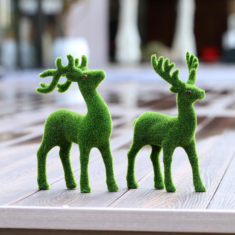 Decorative Moss Reindeer Figurines, Set of 4 - Green Flocked Deer Statues for Woodland Christmas Table Centerpiece, Indoor Mantel Shelf and Garden Decor