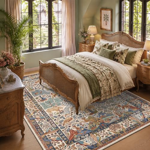 5x7 Washable Area Rug Vintage Animals Print Boho Indoor Carpet - color: Beige, size: 5' x 7' (Rectangular)