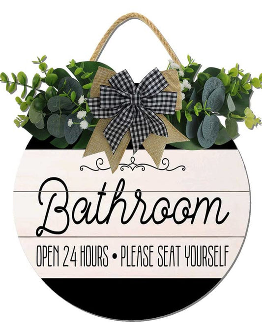 Bathroom Decor,Bathroom Open 24 Hours Please Seat Yourself Sign,Rustic Round Wooden Wreath Sign,Modern Farmhouse Home Accent For All The Seasons - color: D11, size: 11 Inch