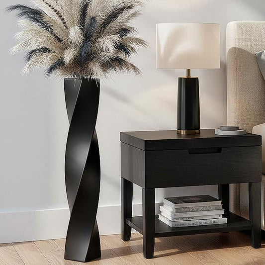 Matte Black Square Twisted Tall Floor Vase 27.5 Inch, Modern Resin Decorative Vase for Dried Flowers Pampas Grass Branches, Heavy Base Solid Color Cylinder Vase for Living Room Entryway - color: Black, size: 27.5 in