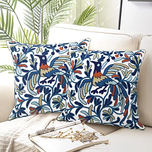 Alysheer Floral Embroidered Throw Pillow Cover 18"x 18" Set of 2, Blue Bird - color: Bird Blue, size: 18" x 18" (Pack of 2)