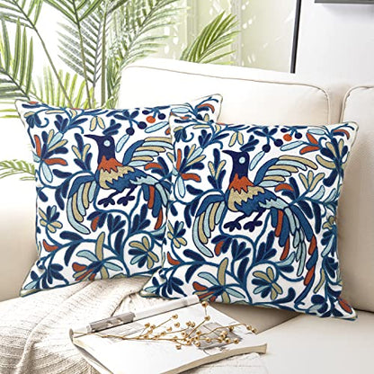 Alysheer Floral Embroidered Throw Pillow Cover 18"x 18" Set of 2, Blue Bird - color: Bird Blue, size: 18" x 18" (Pack of 2)