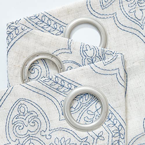 jinchan Boho Floral Linen Curtains 96 Inch Blue on Ecru Grommet 2 Panels - color: Damask Blue, size: 50"W x 96"L (Pack of 2)