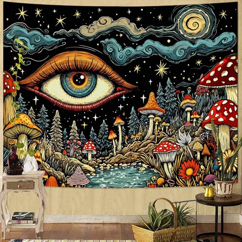 Lifeel Moshroom Hippie Tapestry, Mystic Boho Aesthetic Moon Star Eye Tapestries for Bedroom Living Room Dorm - color: Blue, size: 48"L x 36"W