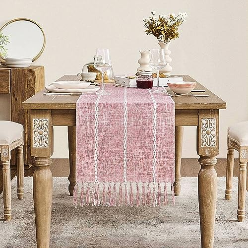 ZeeMart Farmhouse Braided Striped Table Runner, Rustic Pink Table Runners 108 Inches Long Boho Home Decor, Dusty Rose 15x108 Inches - color: Braided Dusty Rose, size: 15*108 inches