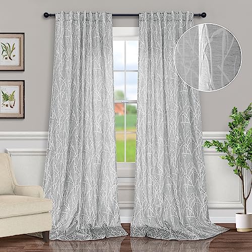 Silver Gray Tree Curtains 90 Inch Long for Living Room 2 Panels Back Tab Pocket Jungle Botanical Vintage Floral Pattern 50% Room Darkening Thick Sheer Light Grey Curtain for Bedroom Burlap Retro Decor - color: Silver Grey, size: 52"W x 90"L (Pack of 2)