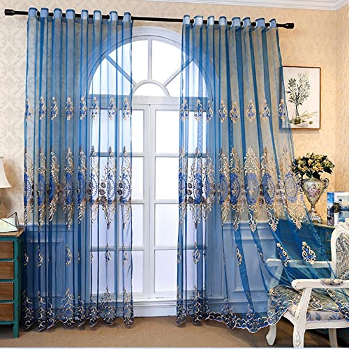 Amidoudou 1 Pair European Jacquard Sheer Curtains for Living Room Bedroom Luxury Embroidered Tulle Curtains (Blue,52x84 Inch) - color: Blue, size: 52"W x 84"L (Pack of 2)