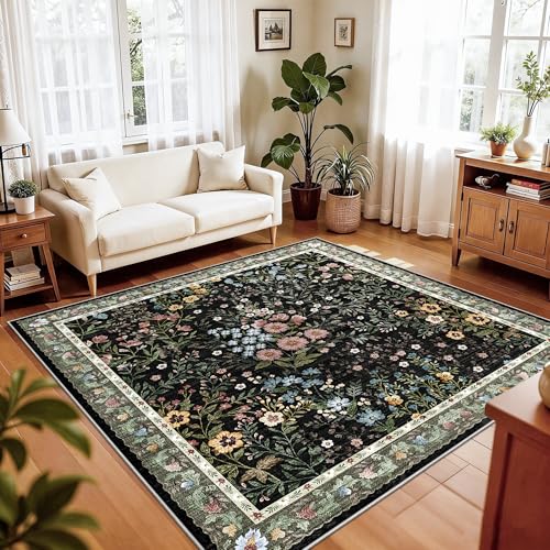 6x6 Washable Area Rug Living Room: Floral Non-Slip Washable Mat for Indoor Floor Dining Room Bedroom High Traffic Area - Soft Low Pile Carpet for Vintage Boho Home Decor (6ft Square, Beige) - color: Black, size: 6x6