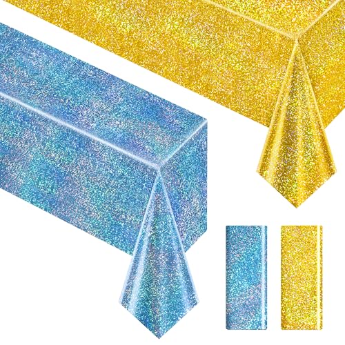 Just Shimmer Sparkling Holographic Laser Tablecloth - Shimmering, Waterproof, Easy to Clean - Ideal for Bachelorette, Birthday, Wedding, and Anniversary Party Decorations (Light Blue & Gold, 2) - color: Light Blue & Gold