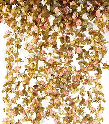6Pcs x 8.2FT Artificial Flower Garland Rose Vine Decor, Fall Pink Flower - color: Fall Pink White 6pcs, 1.5" Rose Flowers, size: 8.2FT Vines