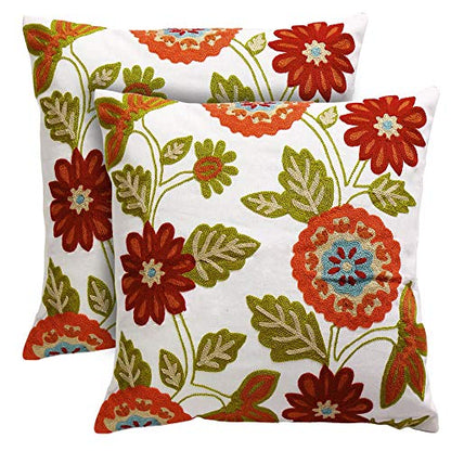 Throw Pillow Case Covers 18x18 inch Set of 2 Decorative Floral Embroidered Design on Solid Natural White Background for Couch, Sofa, Bed - Cushion Not Included