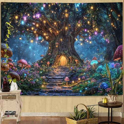 Lifeella Tree of Life Tapestry, Mushroom House Wall Art, Fantasy Forest Landscape Nature Art for Bedroom Living Room, 36x48 inches - color: Mushroom House, size: 48"L x 36"W