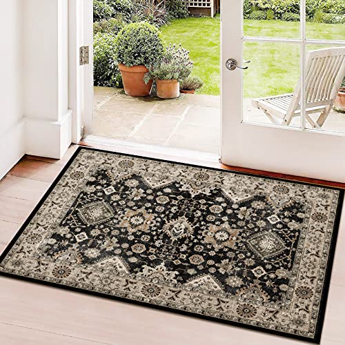 Washable Runner Rug 2x3: Entryway Rug Door Mat Non Slip Runner Rug Low Pile - color: Black, size: 2' x 3' (Rectangular)