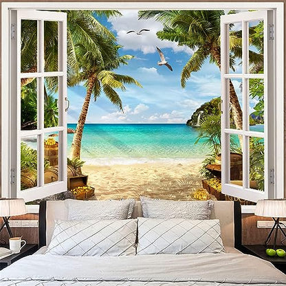 Leeisysme Beach Landscape Tapestry, Tropic Ocean Sea Island Palm Tree Seaside Tapestries for Living Room Summer Window Wall Hanging 36×48 Inch - color: Tree, size: 48"L x 36"W