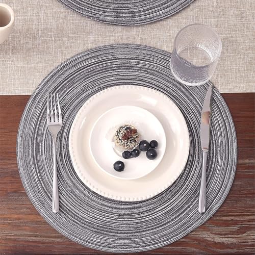 SHACOS Round Braided Placemats Set of 6 Round Table Mats 15 inch Cotton Washable for Holiday Party (Black Gray, 6) - color: Black Gray, size: Set of 6