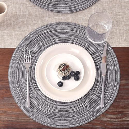 SHACOS Round Braided Placemats Set of 6 Round Table Mats 15 inch Cotton Washable for Holiday Party (Black Gray, 6) - color: Black Gray, size: Set of 6