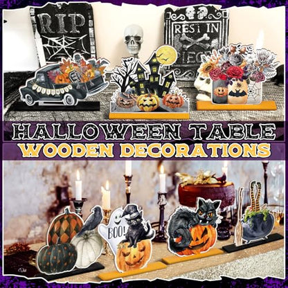 Marsui 12 Pcs Halloween Wooden Decor Pumpkin Ghost Cat Centerpieces - style: Halloween