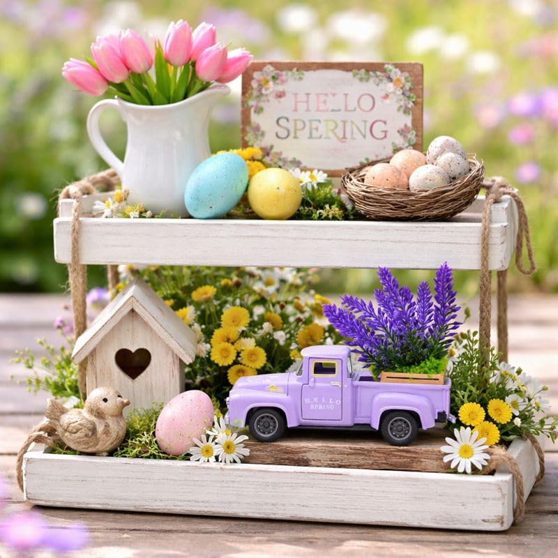 Purple Spring Truck Decor with Lavender Flowers, 5.7 Inch Metal Farm Pickup - color: Purple