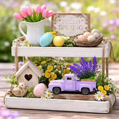 Purple Spring Truck Decor with Lavender Flowers, 5.7 Inch Metal Farm Pickup - color: Purple